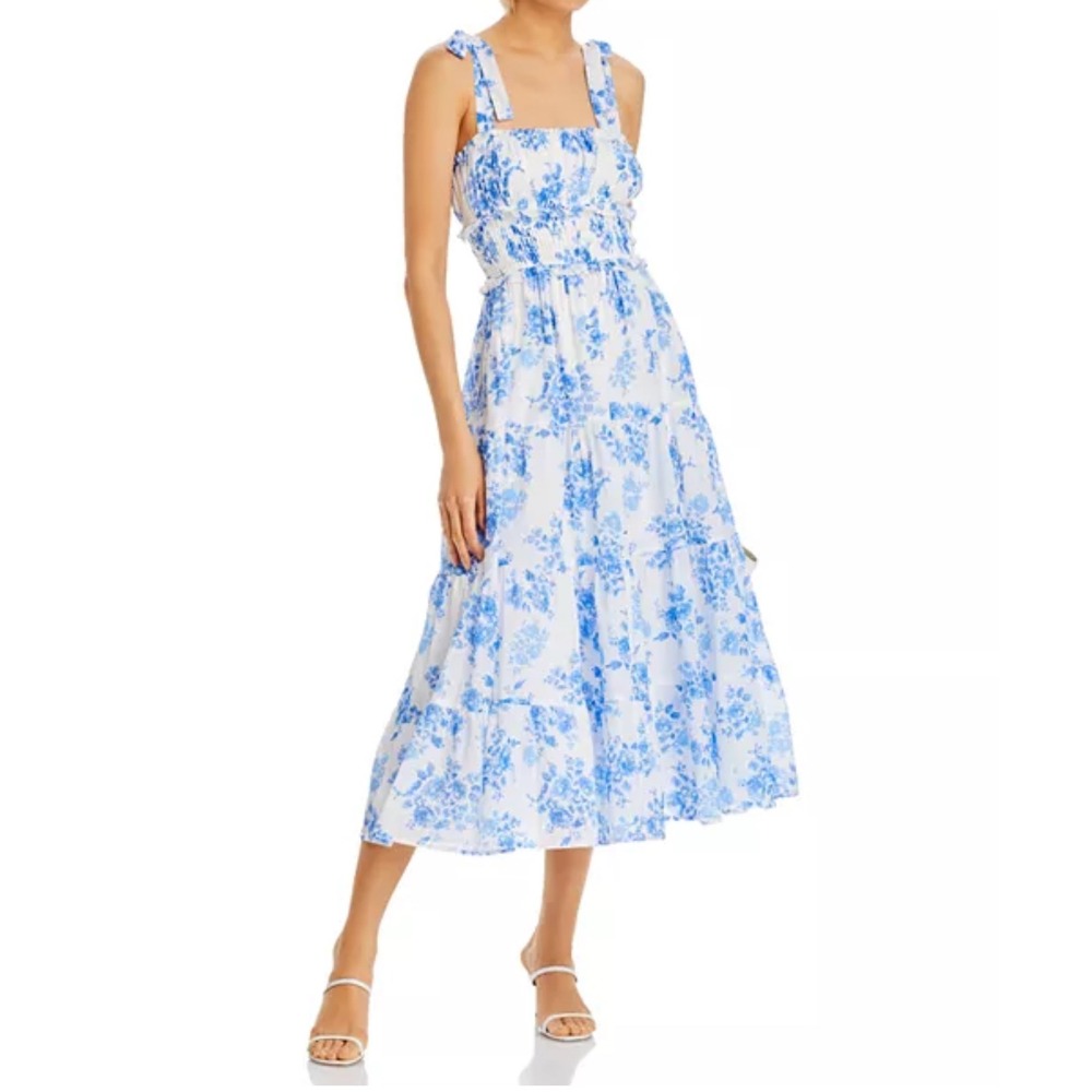 AQUA Floral Midi Dress Smocked Tie Strap Tiered Casual Summer White Blue L‎